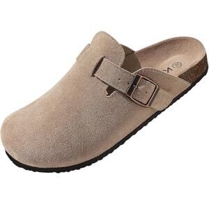 Kidmi Womens 7.5 Beige Suede Clogs Open Round Toe Adjustable Strap Slip On Shoes
